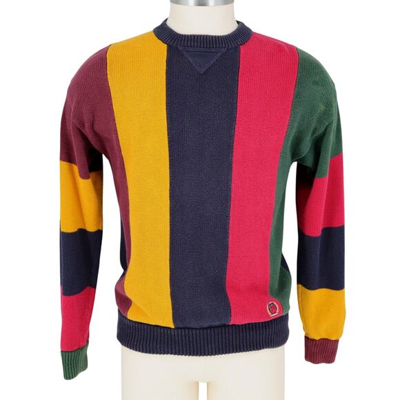 Tommy Hilfiger Sweater Mens Small Blue Red Gold Stripe Cotton Pullover Vintage - Picture 1 of 14